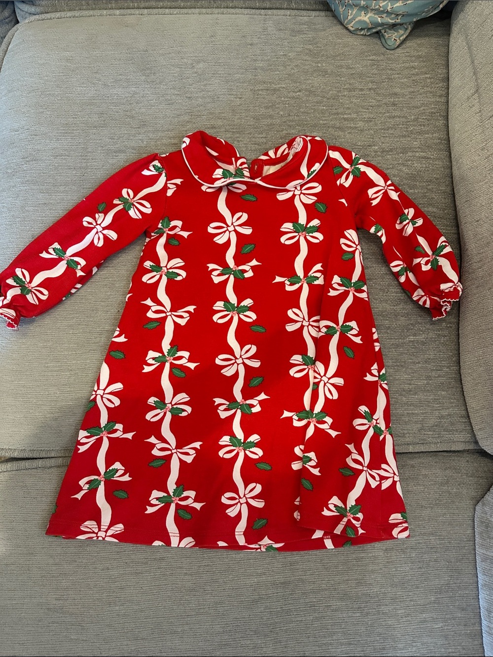The Beaufort Bonnet Company Red Dress with White Ribbon and Green Leaf Print